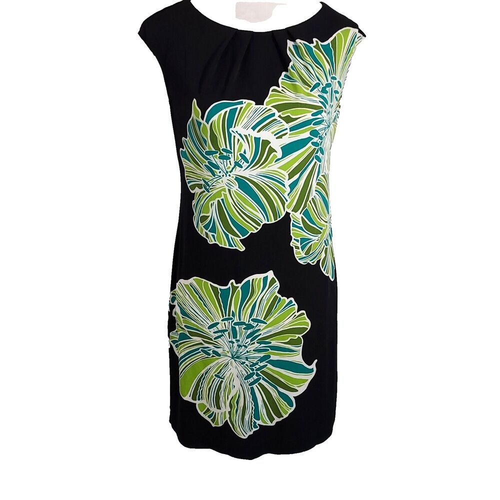 London Style Dress Sheath Womens 4 Sleeveless Stretch Pleated Scoop Neck Floral